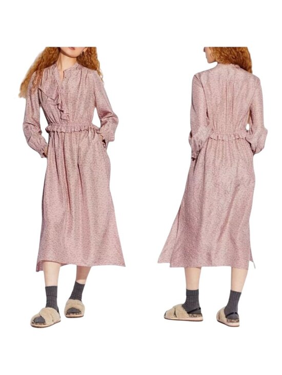 Coach Dresses & Skirts - Coach Dress Women 10 Pink Silk Floral Ruffle Front Midi Boho Prairiecore Preppy